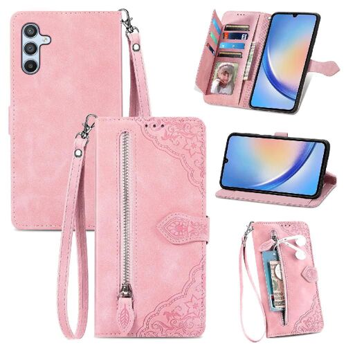 Étui Pour Samsung A34 5g Affaires Fente Multi-Carte Portefeuille Multi-Couleur Fermeture Éclair Style - Couleur Rose