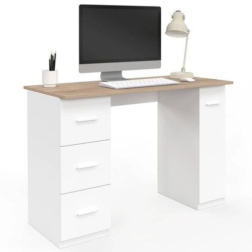Bureau droit MAE 3 tiroirs et porte placard blanc et bois