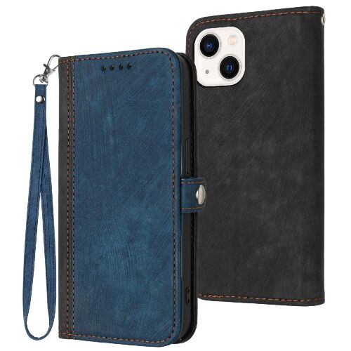 Étui Pour Iphone 13 Mini Coque De Téléphone Livre Flip Folio Portefeuille Protecteur Band Avec Support De Fente Pour Carte Fermeture Magnétique En Cuir Pu - Bleu