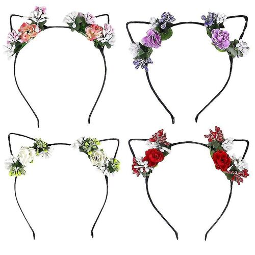 Kit De Serre-Têtes À Oreilles De Chat Florales - 4 Bandeaux Mignons Pour Fêtes, Costumes Et Accessoires De Mode
