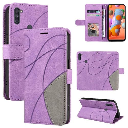 Étui Pour Samsung Galaxy M11 Couture À Deux Couleurs Coque Flip Folio En Cuir Pu Bicelle De Protection Avec Support De Fente Pour Carte - Violet