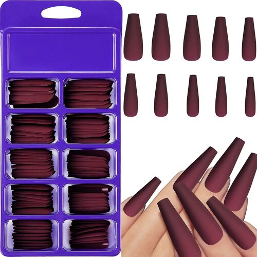 Lot De 100 Faux Ongles Cercueil Rouge Vin Mat ¿ Longs Ongles Ballerine En Acrylique À Pression Pour Un Nail Art Élégant 