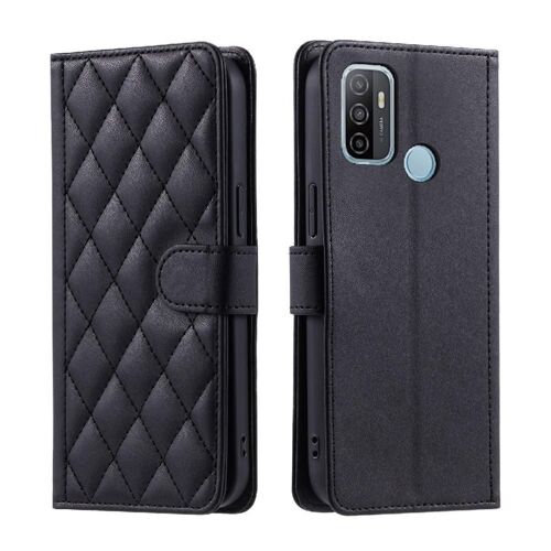 Téléphone Étui Pour Oppo A53 2020 Magnétique Portefeuille Flip Folio Courroie De Main Treillis Porte-Cartes À Fentes - Noir