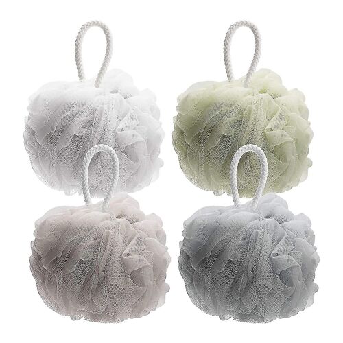 Lot De 4 Éponges De Bain Exfoliantes Écologiques ¿ Boules De Douche Douces Pour Une Peau Douce Et Soyeuse En Blanc, Vert, Kaki, Gris Et Bleu 