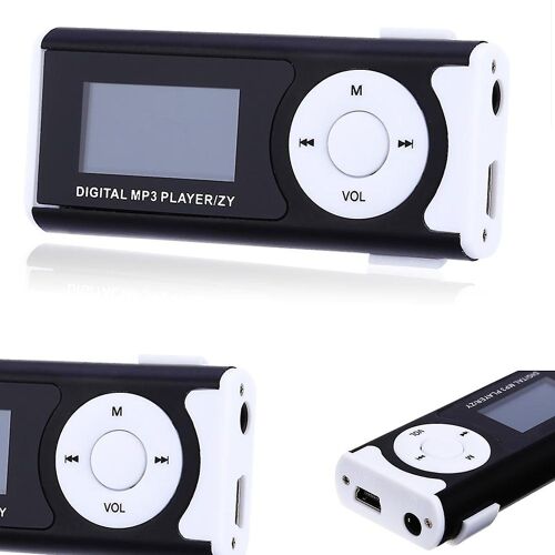 Lecteur MP3 compact noir avec prise en charge de 16 Go, 3 à 4 heures d'autonomie, micro USB, prise jack 3,5 mm, design léger