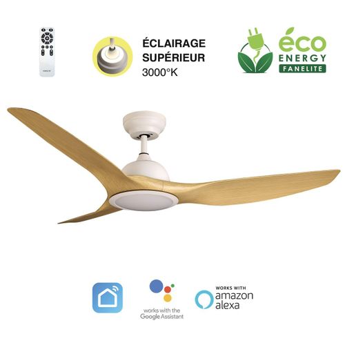 Fanelite - Ventilateur de plafond 132 cm blanc et ABS imitation bois LONGANA - Moteur DC 35W - LED 20W dimmable 3 couleurs + LED SUPERIEURE 2W 3000°K