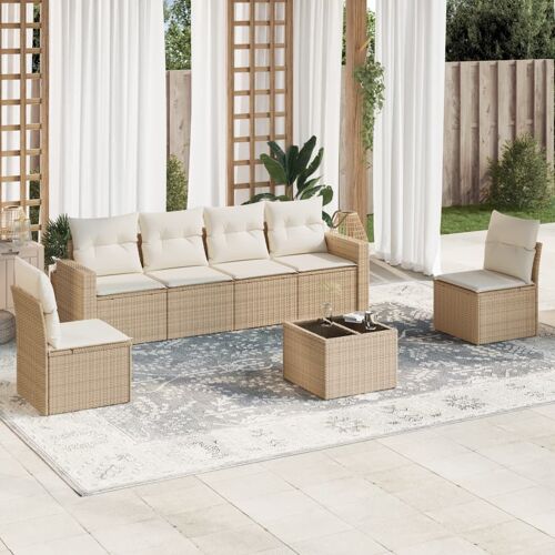 Vidaxl Salon De Jardin Avec Coussins 7 Pcs Beige Résine Tressée