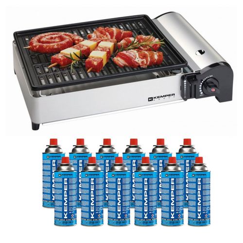 Barbecue à gaz 1900W Grille anti adhesive + 12 cartouches gaz camping KEMPER