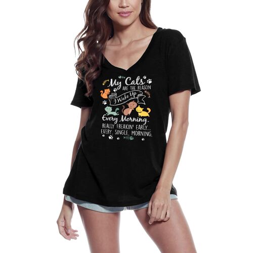 Femme Tee-Shirt Col V - My Cats Are The Reason I Wake Up Every Morning Cat - T-Shirt Graphique Éco-Responsable Vintage Cadeau Nouveauté