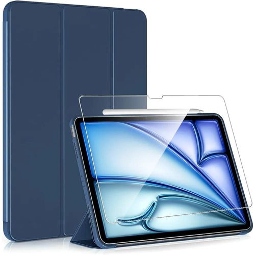 Coque + Verre Trempé pour iPad Air 13 Pouces (M3 2025, M2 2024) Protection Anti-Rayures Veille-Réveil Auto - Bleu Marine - E.F.Connection