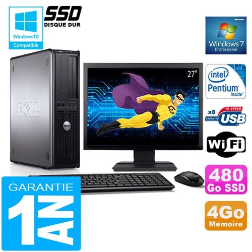 PC DELL 780 DT Intel E5300 Ram 4Go Disque 480 Go SSD Wifi W7 Ecran 27"