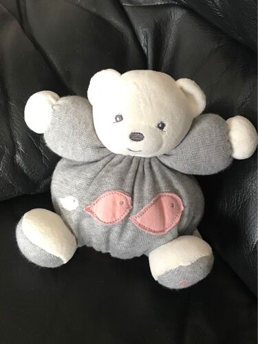 Doudou Ours Boule Kaloo - Dessin Oiseaux Rose Gris Et Blanc 17cm