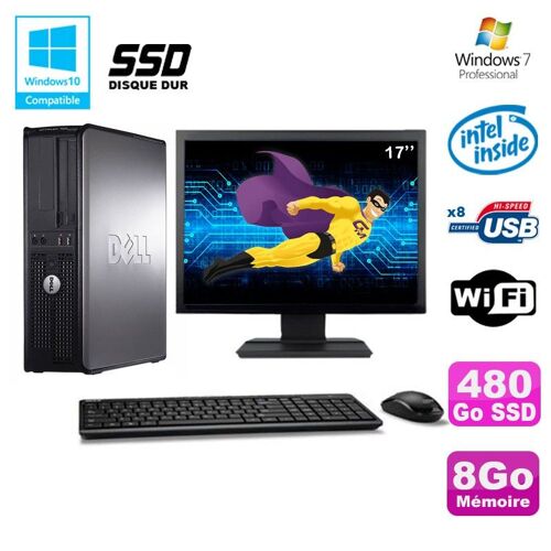 Lot PC DELL Optiplex 760 DT Intel E8400 3Ghz 8Go DDR2 480Go SSD WIFI Win 7 + 17"