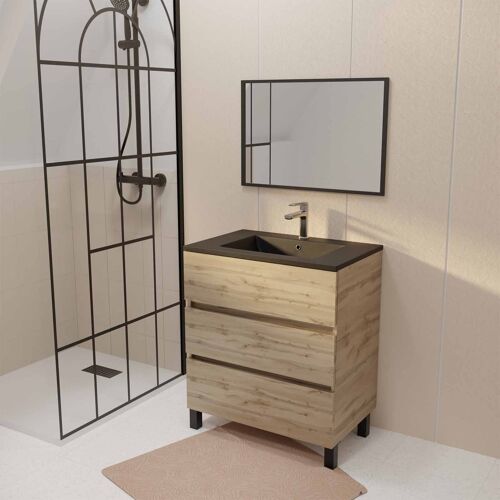 Meuble de salle de bains 70cm TIMBER Décor Chêne Naturel 3 Tiroirs Vasque Noire et Miroir 70x50