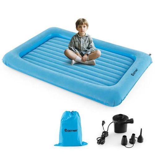 COSTWAY Matelas Gonflable Amovible 165x118x20cm Lit de Voyage Enfant Polyvalente en PVC Surface Floqué Pompe Electrique Bleu