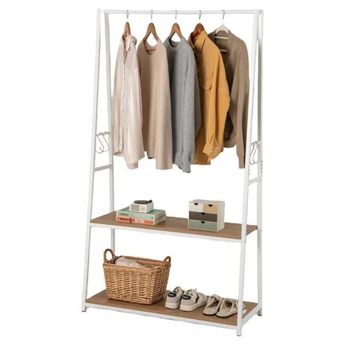 Portant À Vêtements Costway-2 Étagères-4 Crochets-Porte-Manteaux Autoportant Avec Cadre En Métal Robuste-Style Industrielle-Naturel