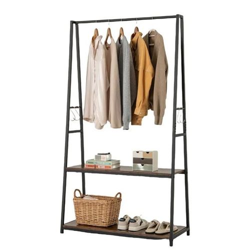 Portant À Vêtements Costway-2 Étagères-4 Crochets-Porte-Manteaux Autoportant Avec Cadre En Métal Robuste-Style Industrielle-Marron