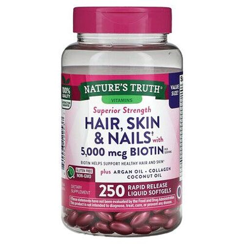 Nature's Truth Contient De La Biotine Pour Cheveux, Peau Et Ongles, 250 Capsules À Enveloppe Molle Liquides À Libération Rapide 