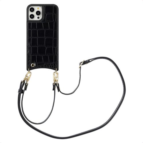 Selencia Coque de télephone Nova Croco avec cordon et porte-cartes iPhone 12 (Pro) Noir