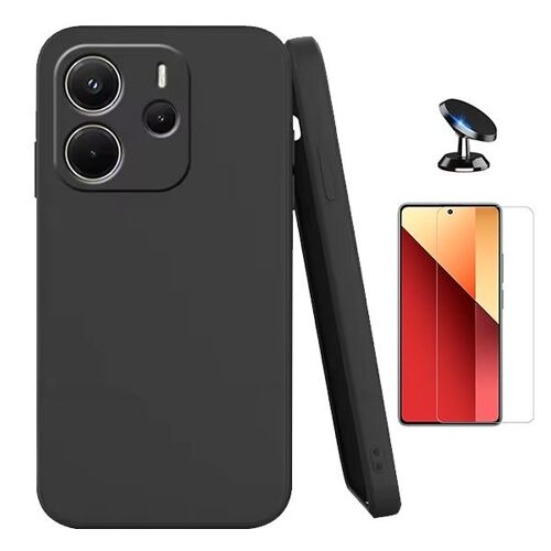 Kit Verre Trempé Clearglass + Coque Silicone Liquide + Support Voiture Magnétique PHONECARE Pour Xiaomi Redmi Note 14 5G - Noir
