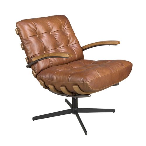 ANGEL CERDÁ ¿ Fauteuil Pivotant avec Accoudoirs ¿ Design Moderne ¿ 70 x 91 x 85 cm ¿ Revêtement en Cuir Marron Foncé, Structure en Noyer Naturel et Acier Inoxydable Époxy Noir