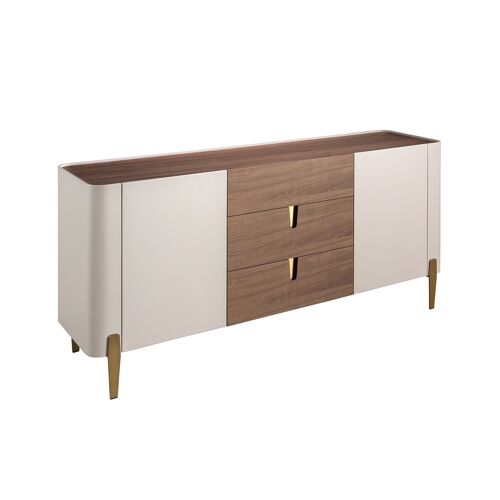 ANGEL CERDÁ – Buffet Moderne avec 3 Tiroirs et 2 Portes – 145 x 45 x 80 cm – Plateau en Noyer Naturel, Structure en MDF Laqué Beige et Détails en Acier Poli Doré