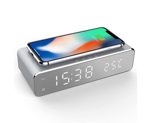 Réveil chargeur sans fil pour téléphone avec écran HD et station de charge intégrée de 5 W - Argent