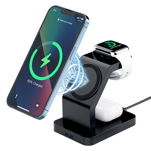 Station De Charge Sans Fil 3 En 1 Pour Iphone 13/12, Apple Watch, Airpods ¿ Magnétique, Charge Rapide, Multiprotection