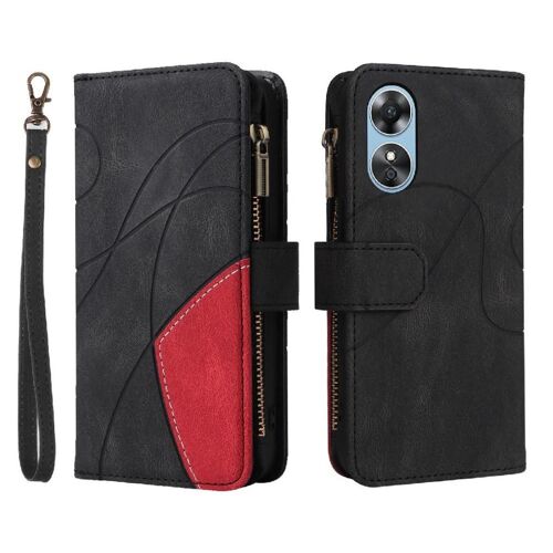Case For Oppo A17 Kickstand Protective Zipper Wallet Style Nine Card Slots With Card Slot Stand Two-Color Stitching - Noir