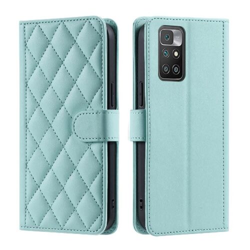 Phone Case For Xiaomi Redmi 10 4g Lattice Magnetic Card Slots Holder Hand Strap Flip Folio Wallet - Vert