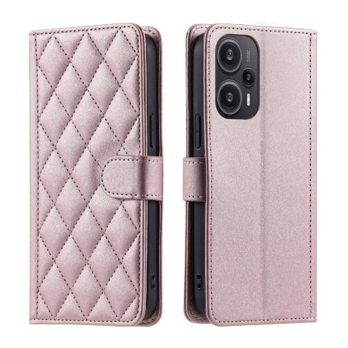 Phone Case For Xiaomi Poco F5 Flip Folio Wallet Lattice Hand Strap Magnetic Card Slots Holder - Couleur Rose