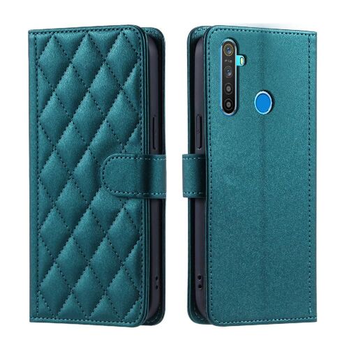 Phone Case For Realme 5 Pro Hand Strap Card Slots Holder Flip Folio Wallet Lattice Magnetic - Vert Foncé