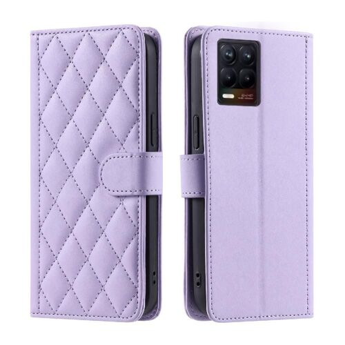 Phone Case For Realme 8 Pro Lattice Flip Folio Wallet Card Slots Holder Hand Strap Magnetic - Violet