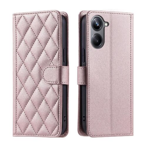 Phone Case For Realme 10 Pro 5g Lattice Hand Strap Flip Folio Wallet Card Slots Holder Magnetic - Couleur Rose