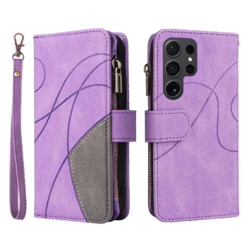 Coque Pour Samsung Galaxy S24 Ultra Style De Portefeuille À Glissière Couture Bicolore Neuf Fentes Pour Cartes Avec Le Support De Fente De Carte Béquille De Protection - Violet