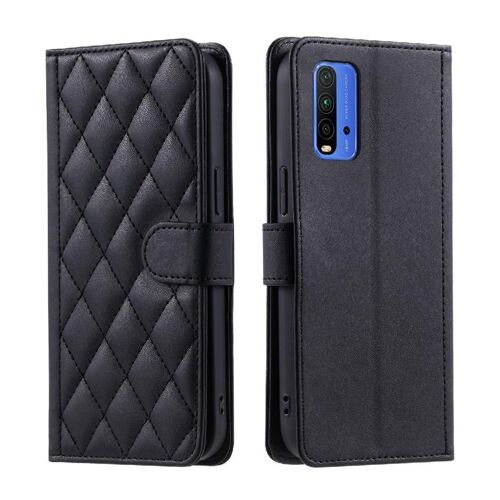 Cas De Téléphone Pour Xiaomi Redmi 9t Portefeuille Flip Folio Courroie De Main Treillis Magnétique Porte-Cartes À Fentes - Noir