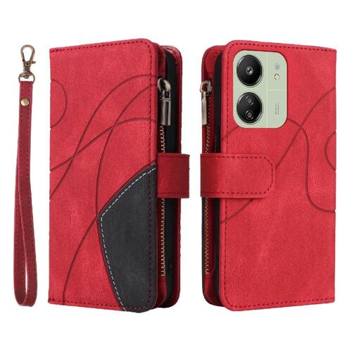 Étui Pour Xiaomi Redmi 13c Couture Bicolore Béquille De Protection Neuf Fentes Pour Cartes Style De Portefeuille À Glissière Avec Le Support De Fente De Carte - Rouge