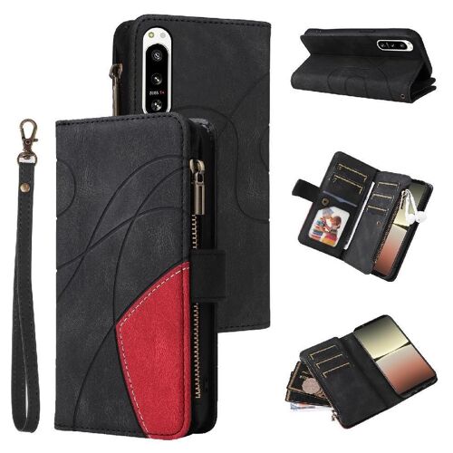 Étui Pour Sony Xperia 5 Iv Avec Le Support De Fente De Carte Béquille De Protection Couture Bicolore Neuf Fentes Pour Cartes Style De Portefeuille À Glissière - Noir