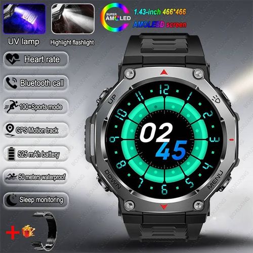 T-Rex 3 Gps Montre Intelligente 5Atm Étanche 1.43 Pouces Amoled Hd Écran Bt Appel Lampe De Poche Militaire Sport Montres Intelligentes Hommes 2025 Nouveau.Black Steel Strip.