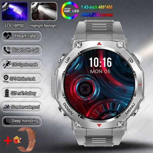 T-Rex 3 Gps Montre Intelligente 5Atm Étanche 1.43 Pouces Amoled Hd Écran Bt Appel Lampe De Poche Militaire Sport Montres Intelligentes Hommes 2025 Nouveau.Brown Belt.