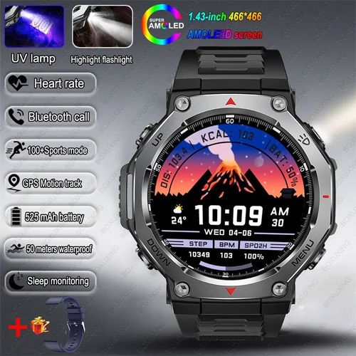 T-Rex 3 Gps Montre Intelligente 5Atm Étanche 1.43 Pouces Amoled Hd Écran Bt Appel Lampe De Poche Militaire Sport Montres Intelligentes Hommes 2025 Nouveau.Black Blue.
