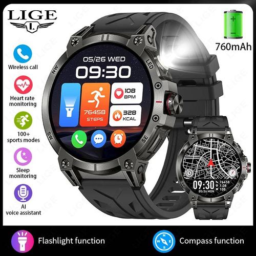 Lige-Montre Intelligente D'Extérieur Avec Lampe De Poche,Grand Écran Hd 1.85 "",Gps,Boussole,Appel Bluetooth,Fitness,Sports,Étanche Ip68.Black.