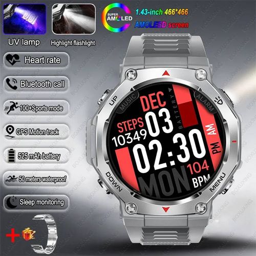 T-Rex 3 Gps Montre Intelligente 5Atm Étanche 1.43 Pouces Amoled Hd Écran Bt Appel Lampe De Poche Militaire Sport Montres Intelligentes Hommes 2025 Nouveau.Silver Steel Strip.