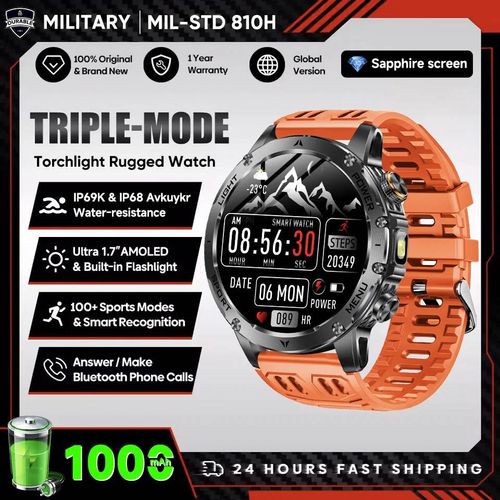 Nouveaux Hommes Militaire En Plein Air 1000Mah Batterie Montre Intelligente Gps Nfc Montres 3Atm Étanche Natation 1.7 Pouces Hd Bluetooth Appel Smartwatch.Orange.Standby For 100 Days