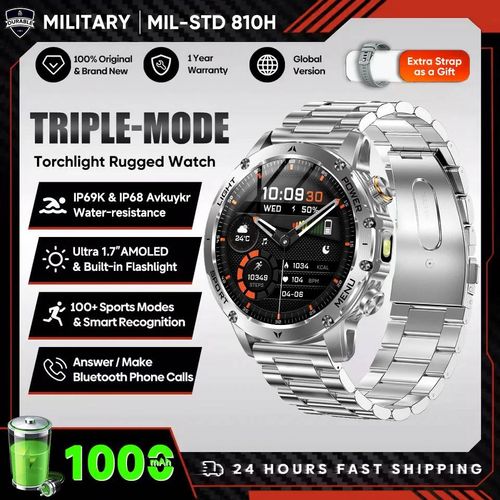 2025 Hommes 1.7 Pouces Amoled Écran Montre Intelligente 1000Mah Batterie Fréquence Cardiaque Bluetooth Appel Nfc Gps Tracker Sport Fitness Montres Nouveau.Silver Steel.Military Battery