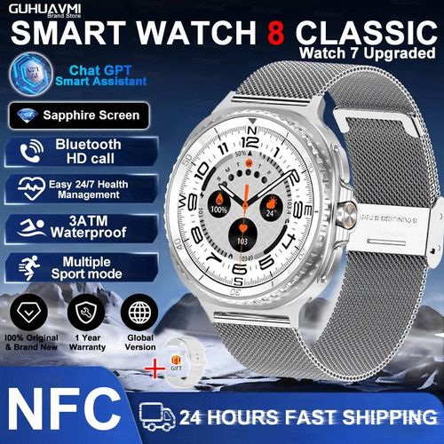 46Mm Montre 8 Ultra Classique Gps Boussole Nfc Montre Intelligente Hommes Amoleds Cadran Rotatif Bt Appel 3Atm Étanche Watch7 Montres Améliorées.Silver Mesh Belt.Watch 8 Classic