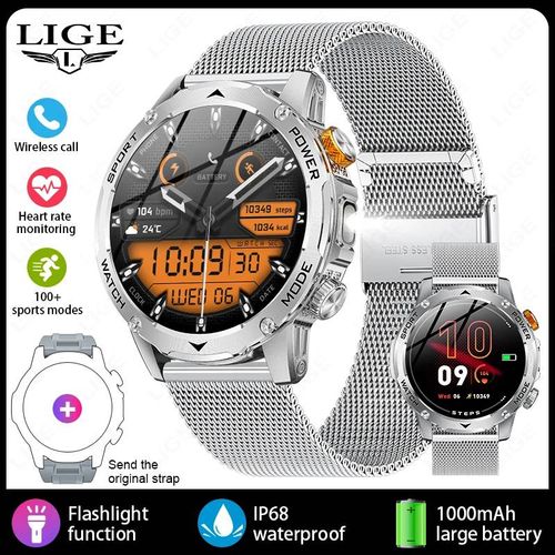 Lige Montre Intelligente Robuste Hommes 1000Mah Batterie De Grande Capacité Lampe De Poche Extérieure Bluetooth Appel Étanche Sport Fitness Smartwatch.Mesh Belt Sliver.