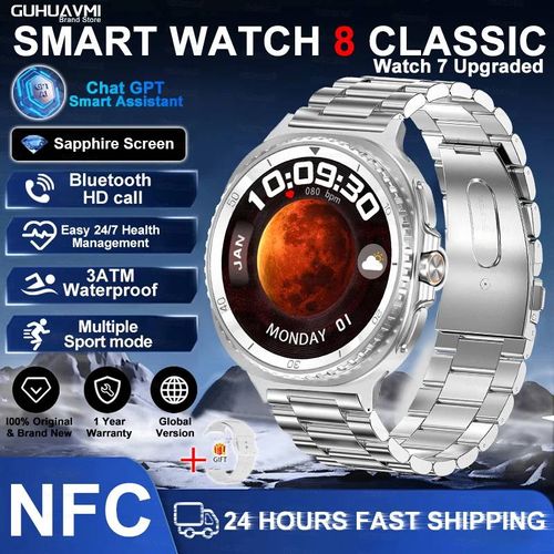 46Mm Montre 8 Ultra Classique Gps Boussole Nfc Montre Intelligente Hommes Amoleds Cadran Rotatif Bt Appel 3Atm Étanche Watch7 Montres Améliorées.Silver Steel.Watch 8 Classic