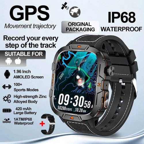 2025 Nouveau Gps Positionnement Satellite Montre Intelligente Lampe De Poche Led 100+Sport 1.96 Hd Écran Militaire Surveillance De La Santé Montre Intelligente.Black Nylon.Led Flashlight