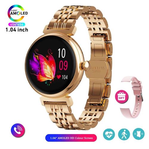 Montre Intelligente À Petit Écran Amoled Pour Femme,Écran Pixel Hd 454X454,Affichage Continu De L'Heure,Appel Bluetooth,Corps En Métal,Mode,2023.Rose Gold Steel.